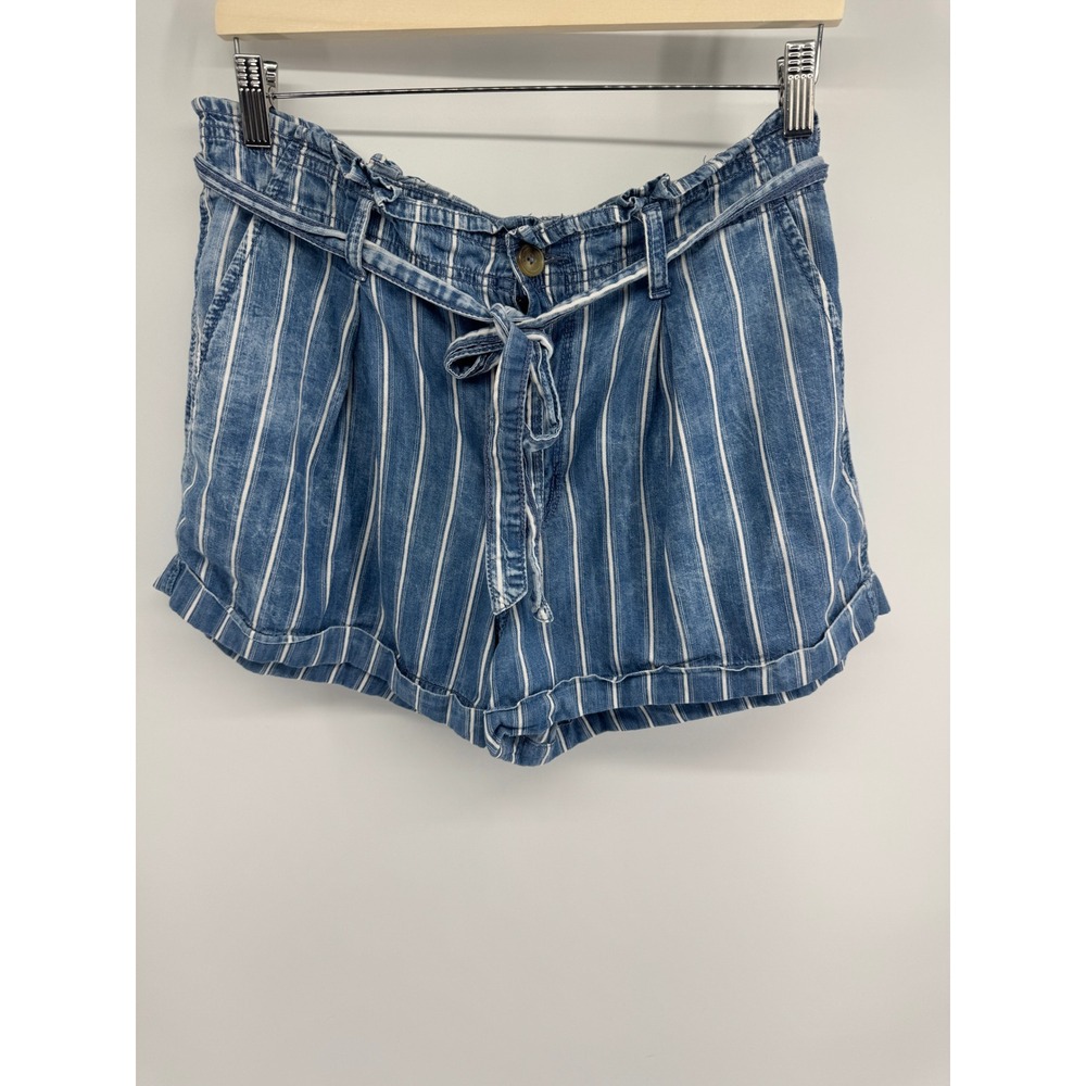 American Eagle Striped Paperbag Waist Denim Shorts Blue White Cuffed Womens 14
